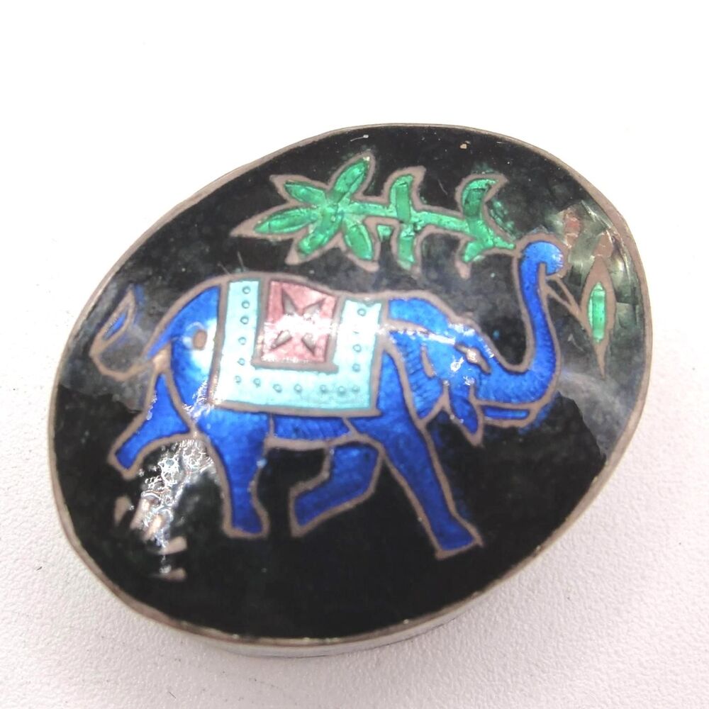 Vintage Sterling Silver Enamel Elephant Trinket Pill Box Cloisonné Meenakari 925